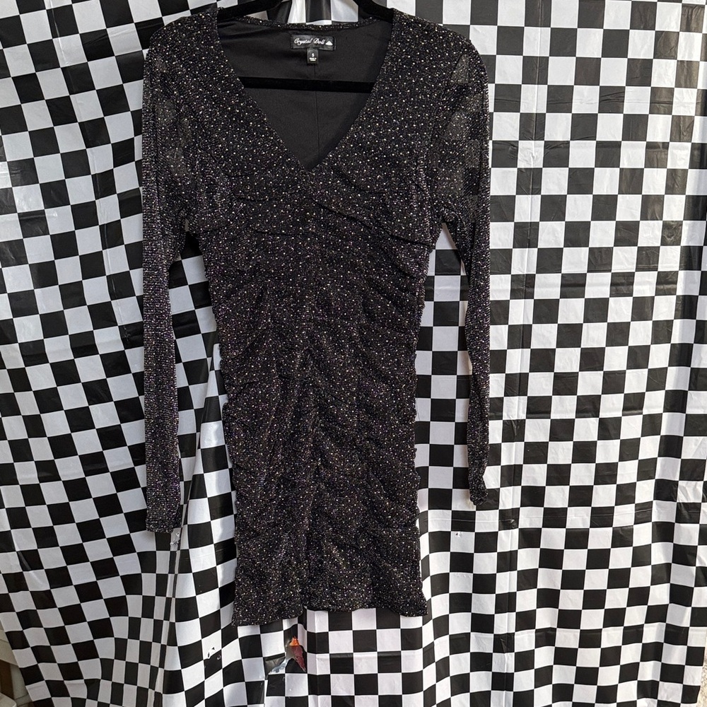 Crystal Doll Black Glitter Long Sleeve Dress